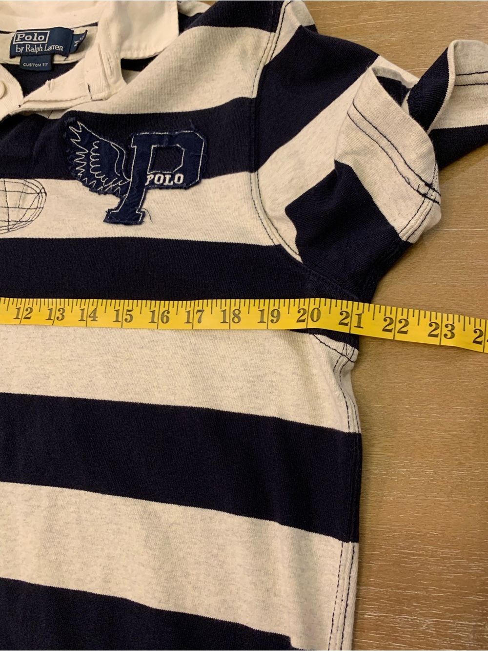 Ralph Lauren Navy & White Striped Rugby Shirt with Embroidered P Patch - Picture 9 of 11
